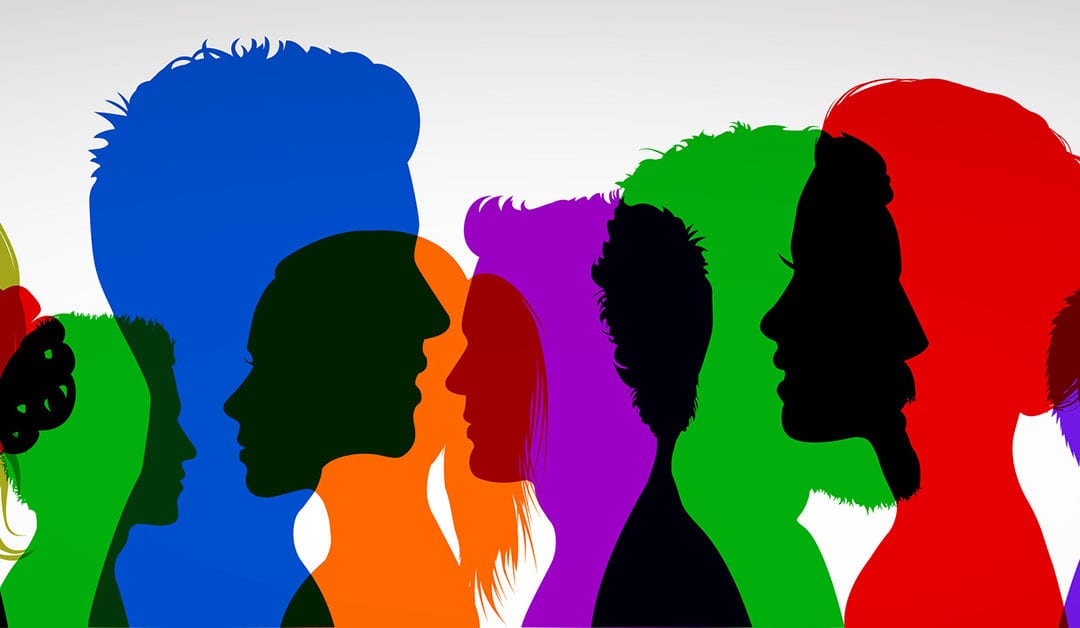 Group young people. Profile silhouette faces girls and boys